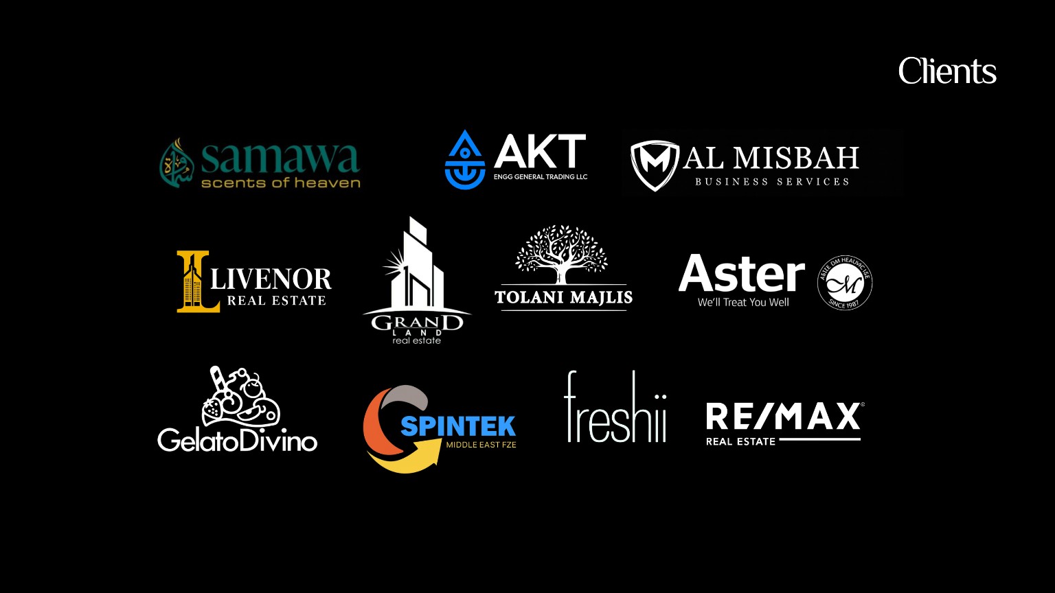 Decordesk clients including Samawa, AKT Engineering General Trading, Al Misbah Business Services, Livenor Real Estate, Grand Land Real Estate, Tolani Majlis, Aster, Gelato Divino, Spintek Middle East, Freshii and RE/MAX Real Estate