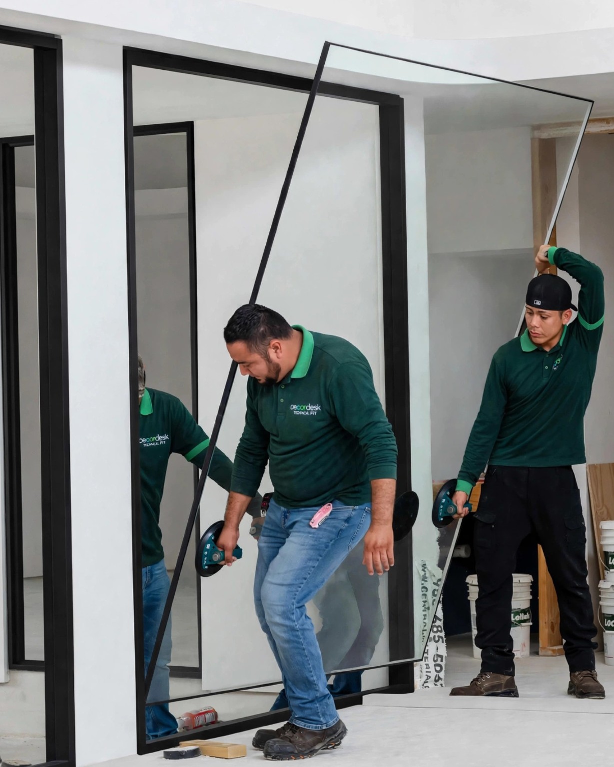 Decordesk technicians installing a framed glass panel