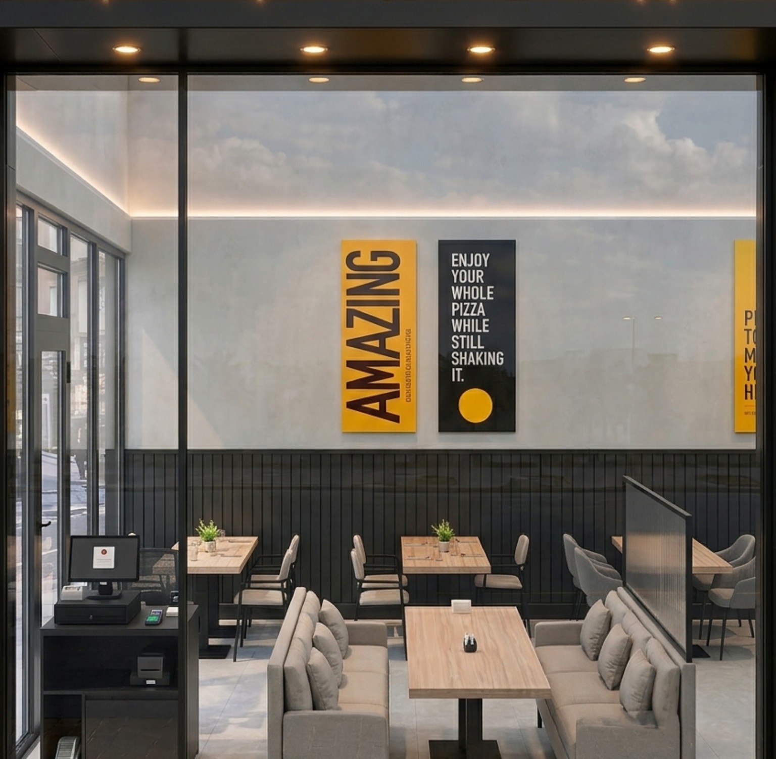 Restaurant interior with timber tables and glass shopfront